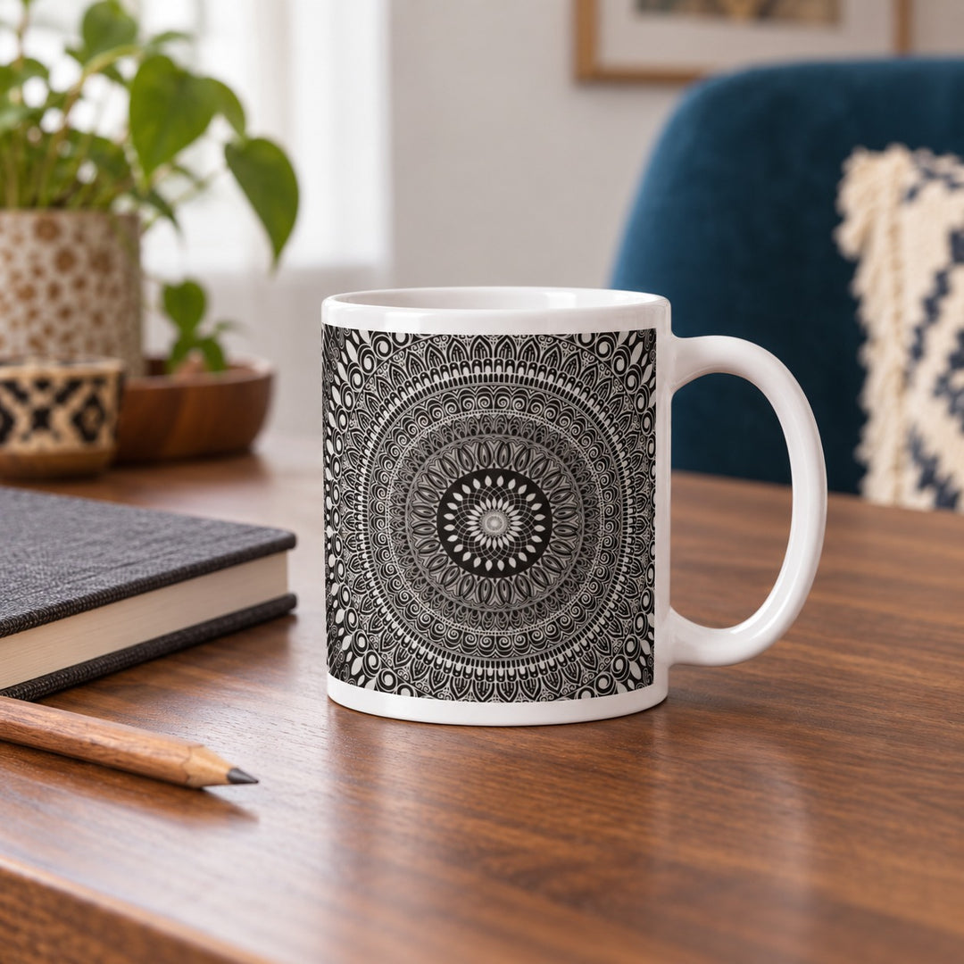11 oz white ceramic mug with gray and black mehndi mandala on a walnut desk beside a charcoal notebook.