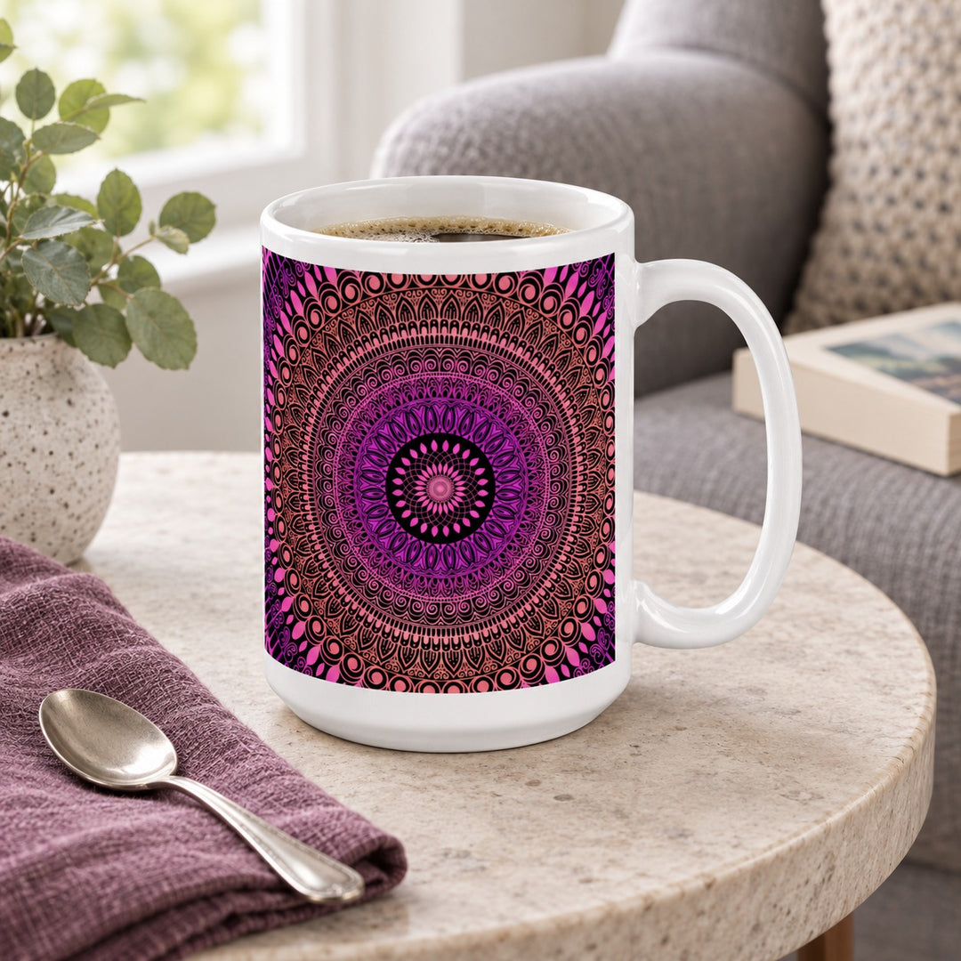 15 oz white ceramic mug with pink, purple and salmon mehndi mandala on a stone side table beside a gray reading chair.