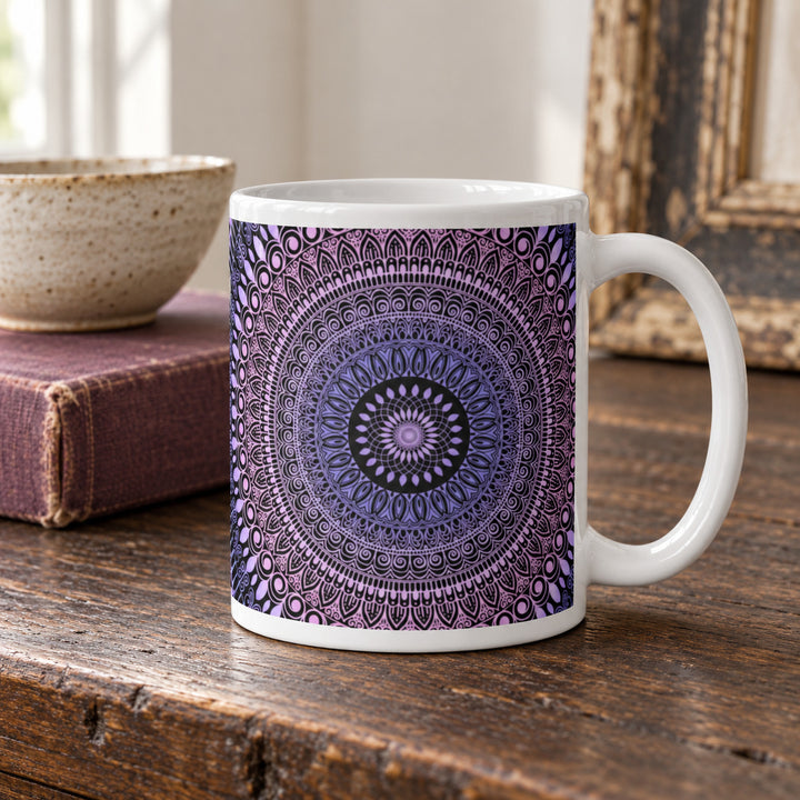 Pink and lavender mandala mug 11 oz in a rustic brocante setting
