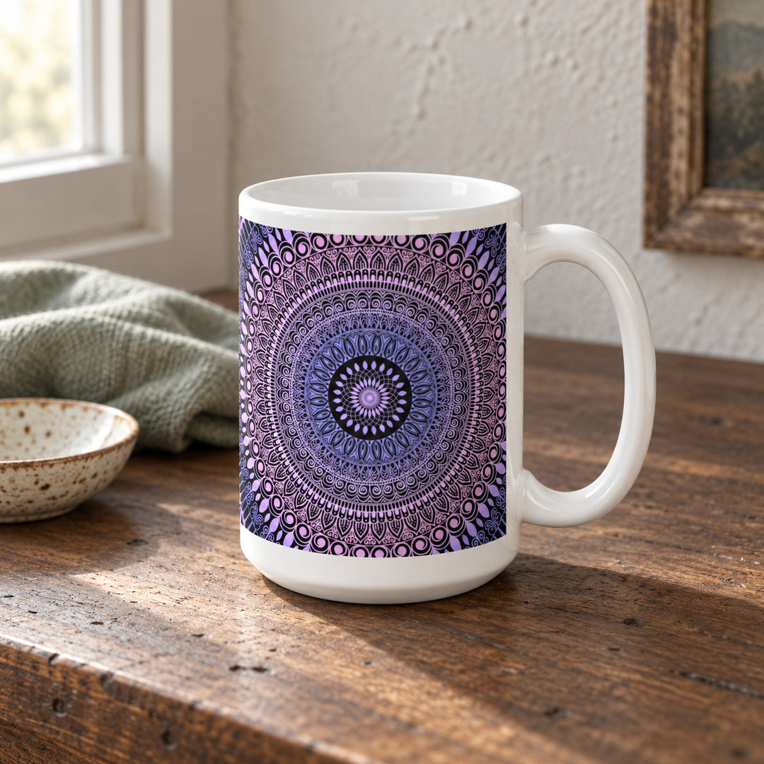 Pink and lavender mandala mug 15 oz in a rustic brocante setting