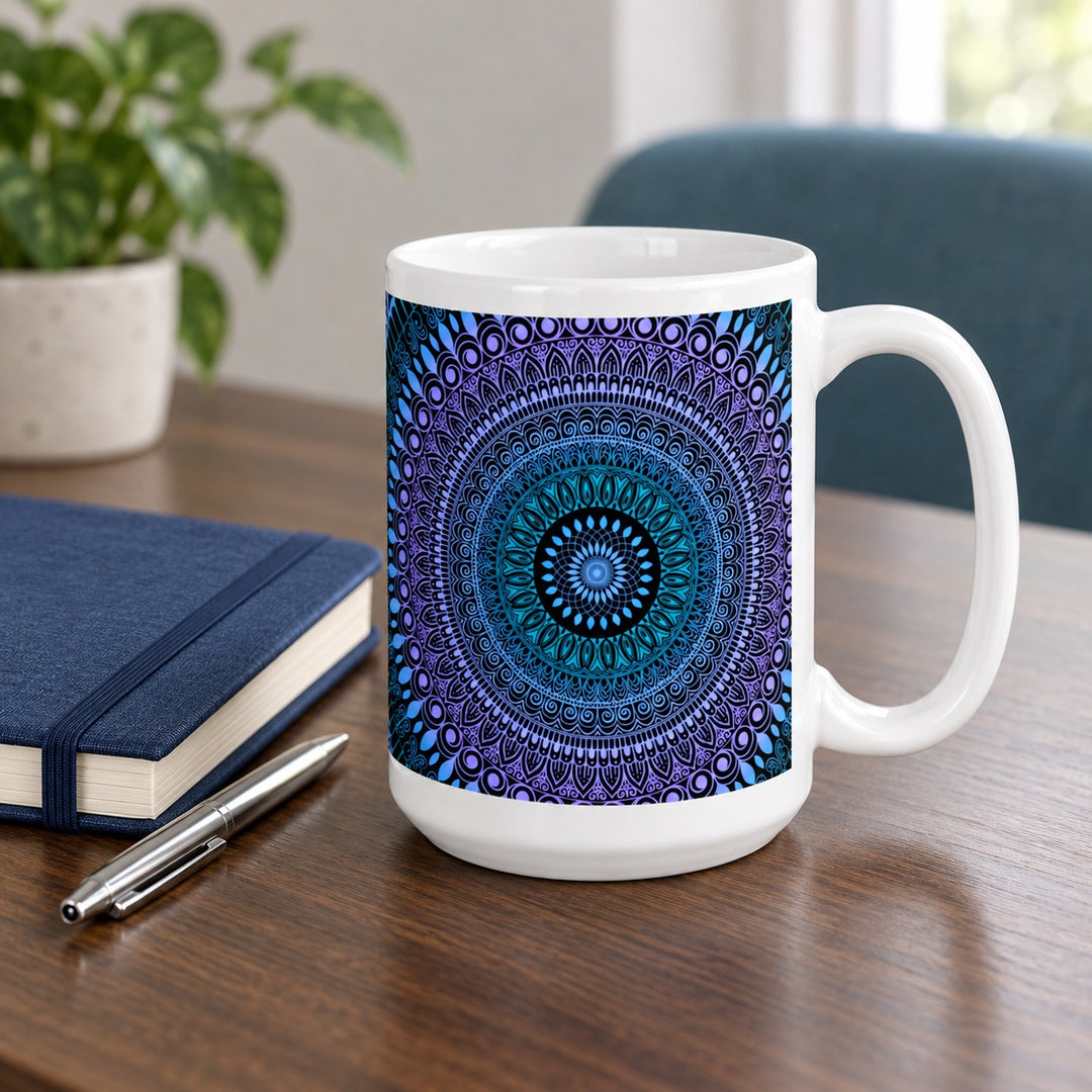 15 oz white ceramic mug with blue, turquoise and lavender mehndi mandala on a walnut desk beside a blue notebook.