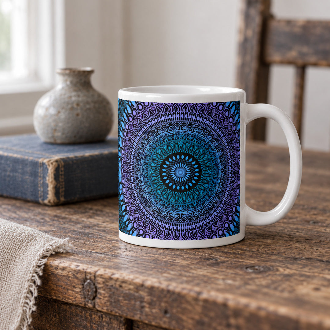 Colorful lavender blue and pink mandala mug 11 oz in a rustic brocante setting