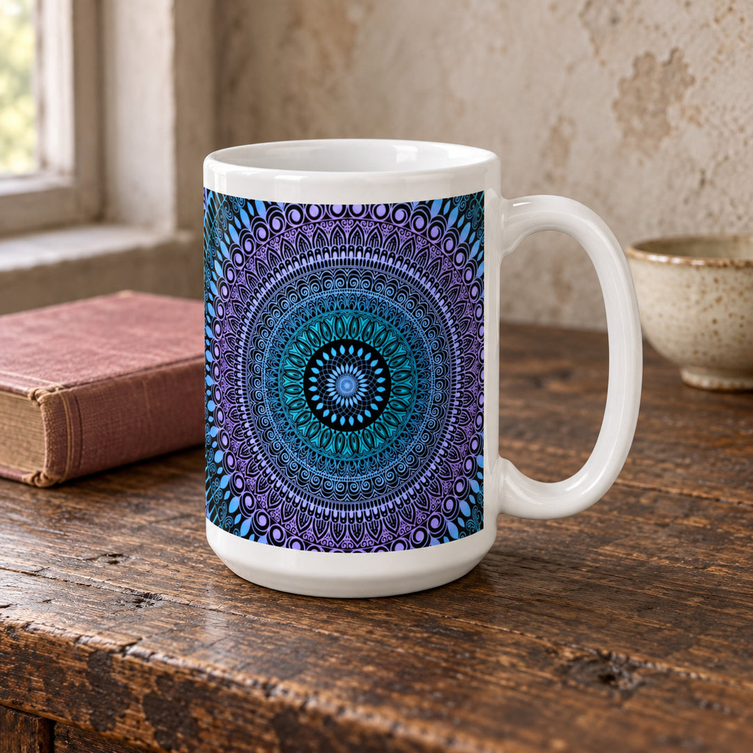 Colorful lavender blue and pink mandala mug 15 oz in a rustic brocante setting