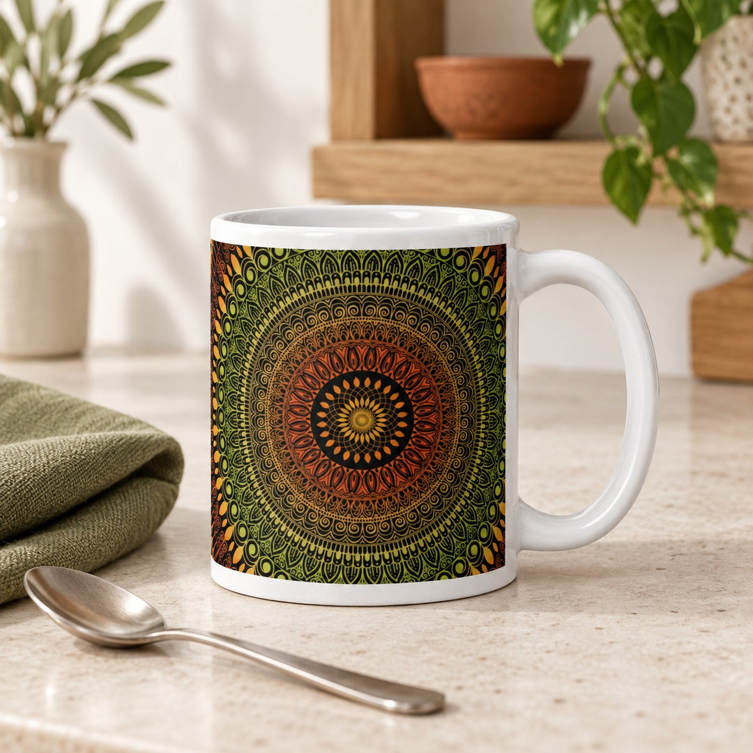 11 oz white ceramic mug with terracotta and green mehndi mandala on a stone kitchen counter with an olive napkin.