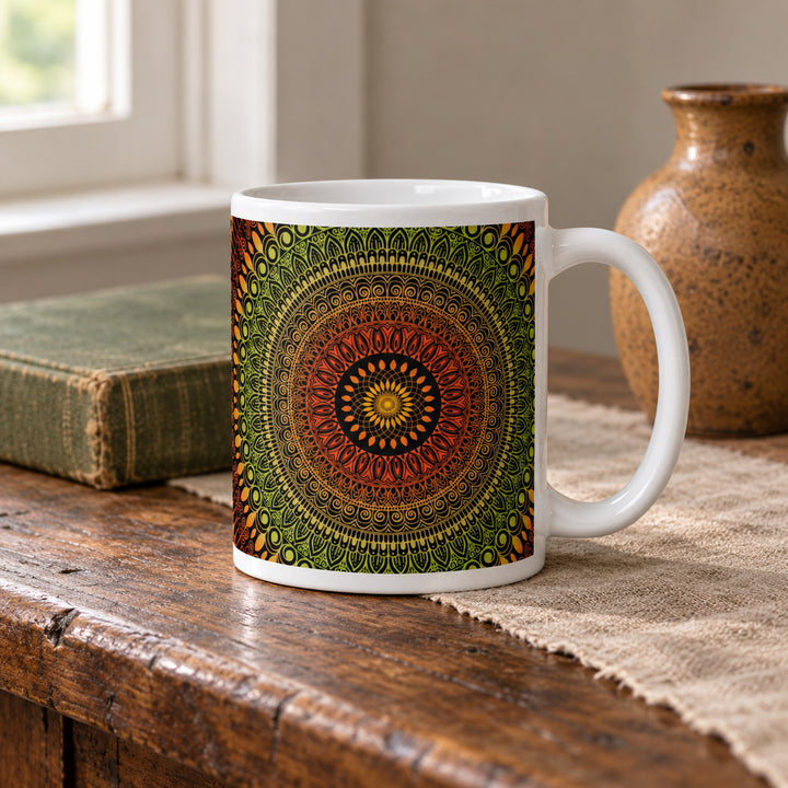 Terracotta mug with green mandala 11 oz in a rustic brocante setting