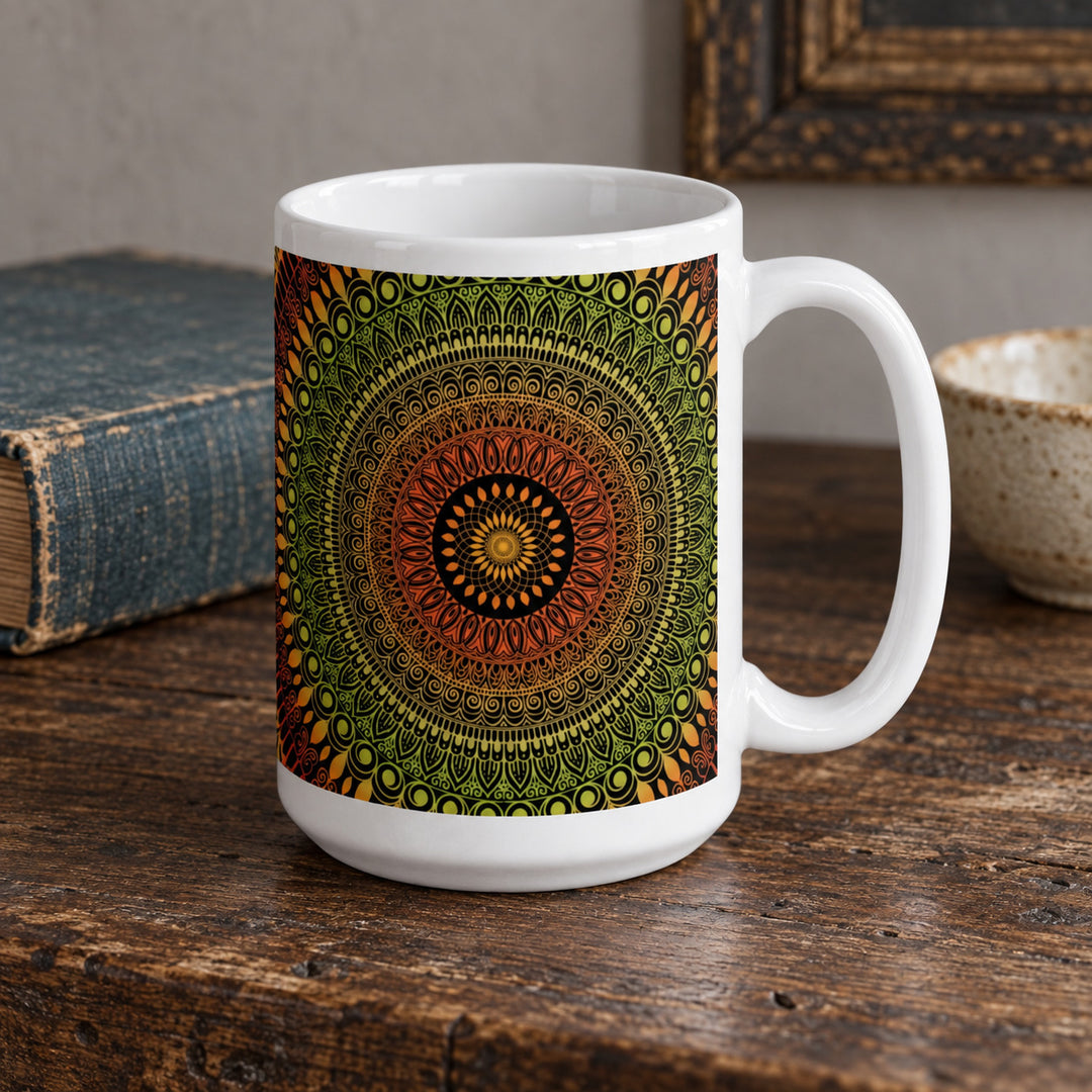 Terracotta mug with green mandala 15 oz in a rustic brocante setting