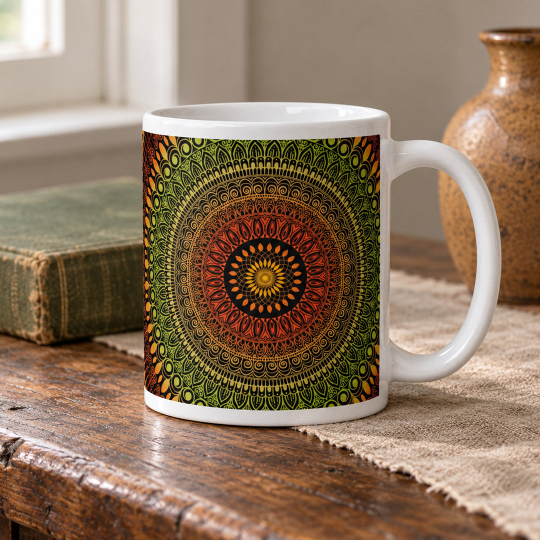Terracotta mug with green mandala close-up on a rustic wooden table