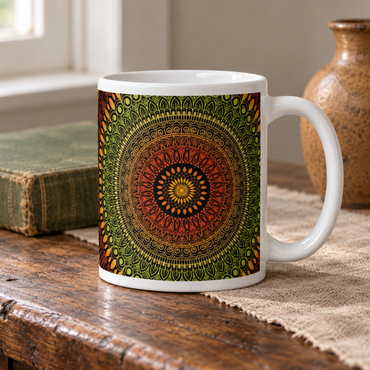 Terracotta mug with green mandala close-up on a rustic wooden table