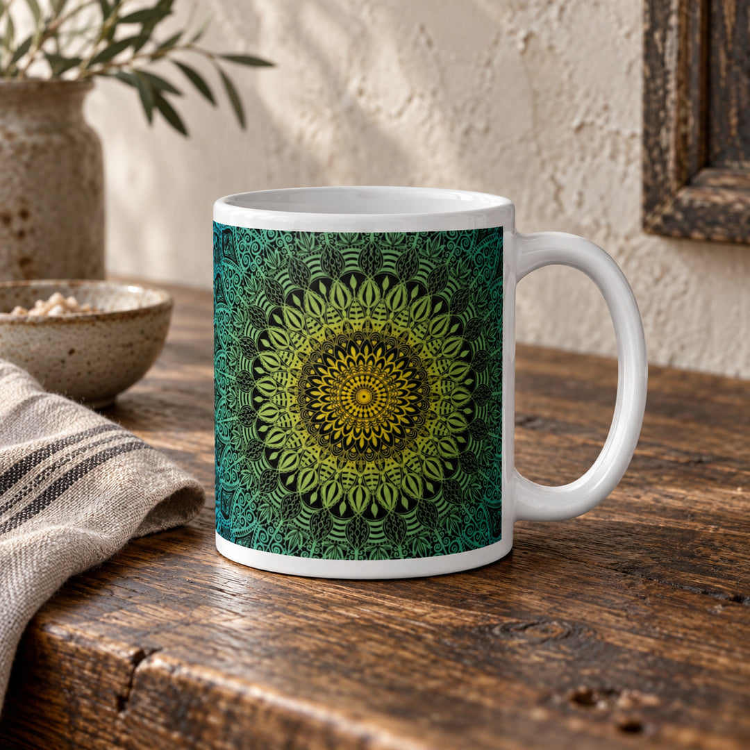 Blue mandala mug 11 oz in a rustic brocante setting