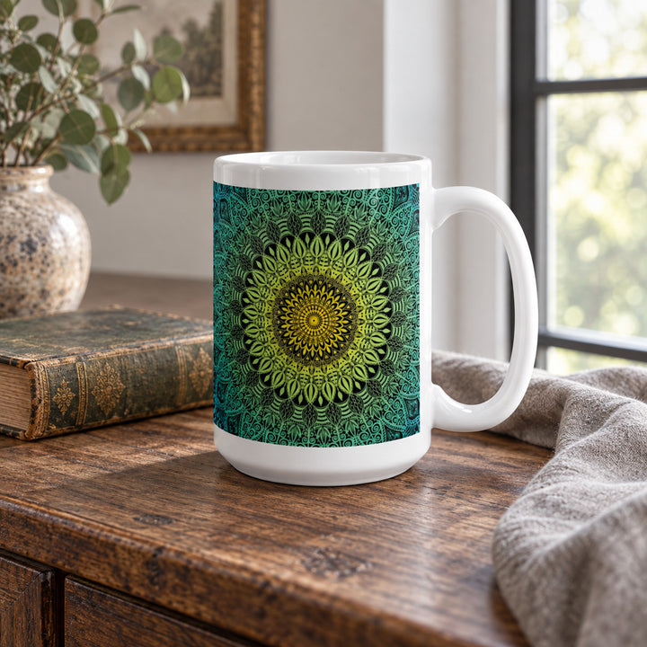 Blue mandala mug 15 oz in a rustic brocante setting