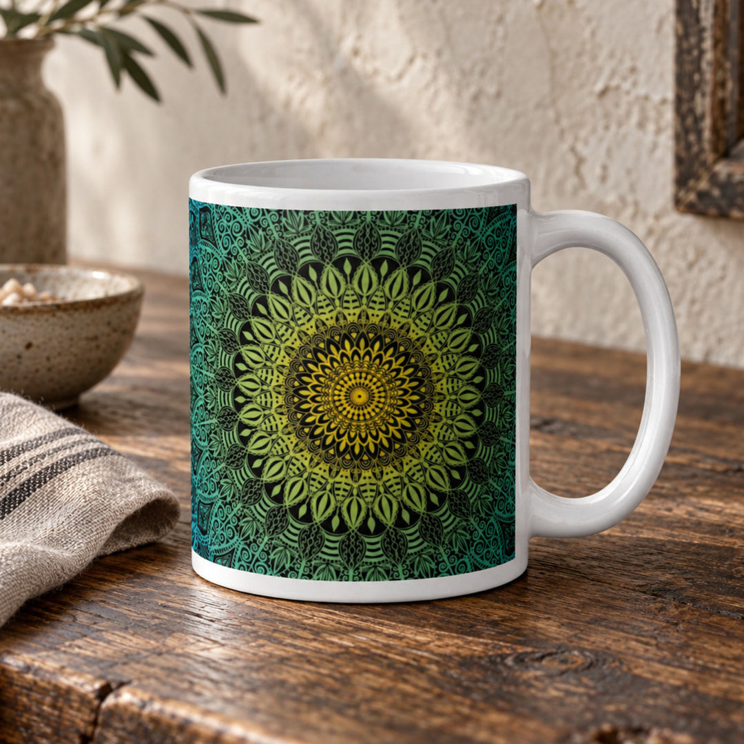 Blue mandala mug close-up on a rustic wooden table