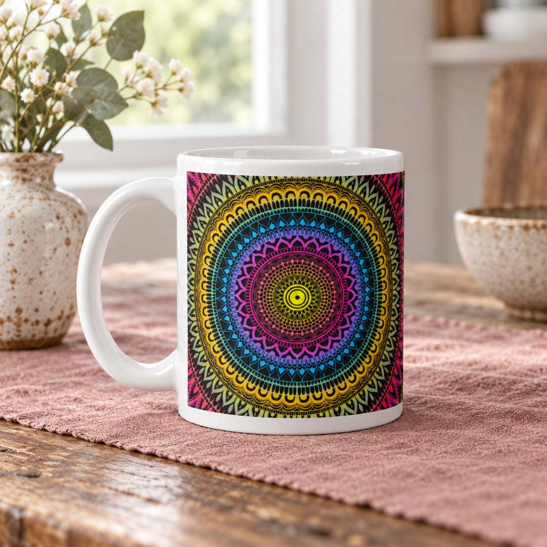 Yellow pink and blue mehndi mandala mug 11 oz in a rustic brocante setting