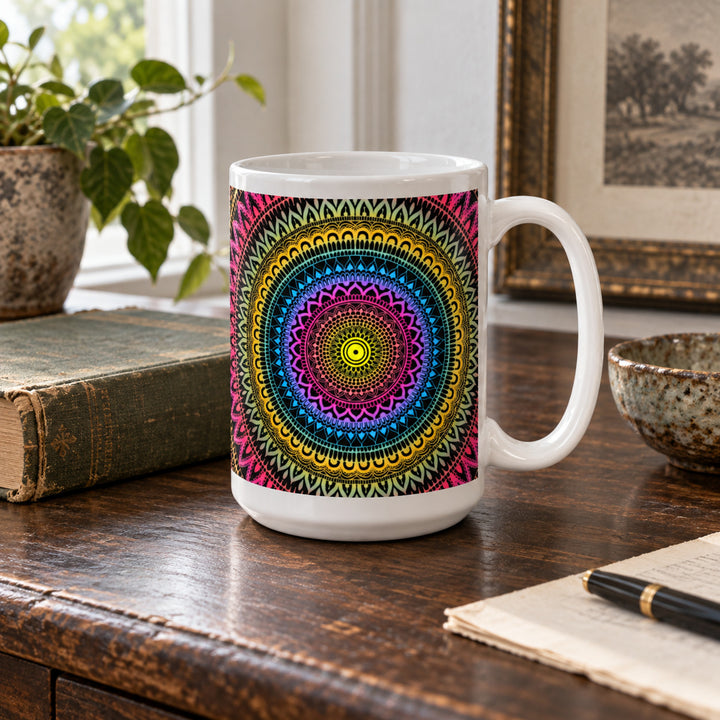 Yellow pink and blue mehndi mandala mug 15 oz in a rustic brocante setting
