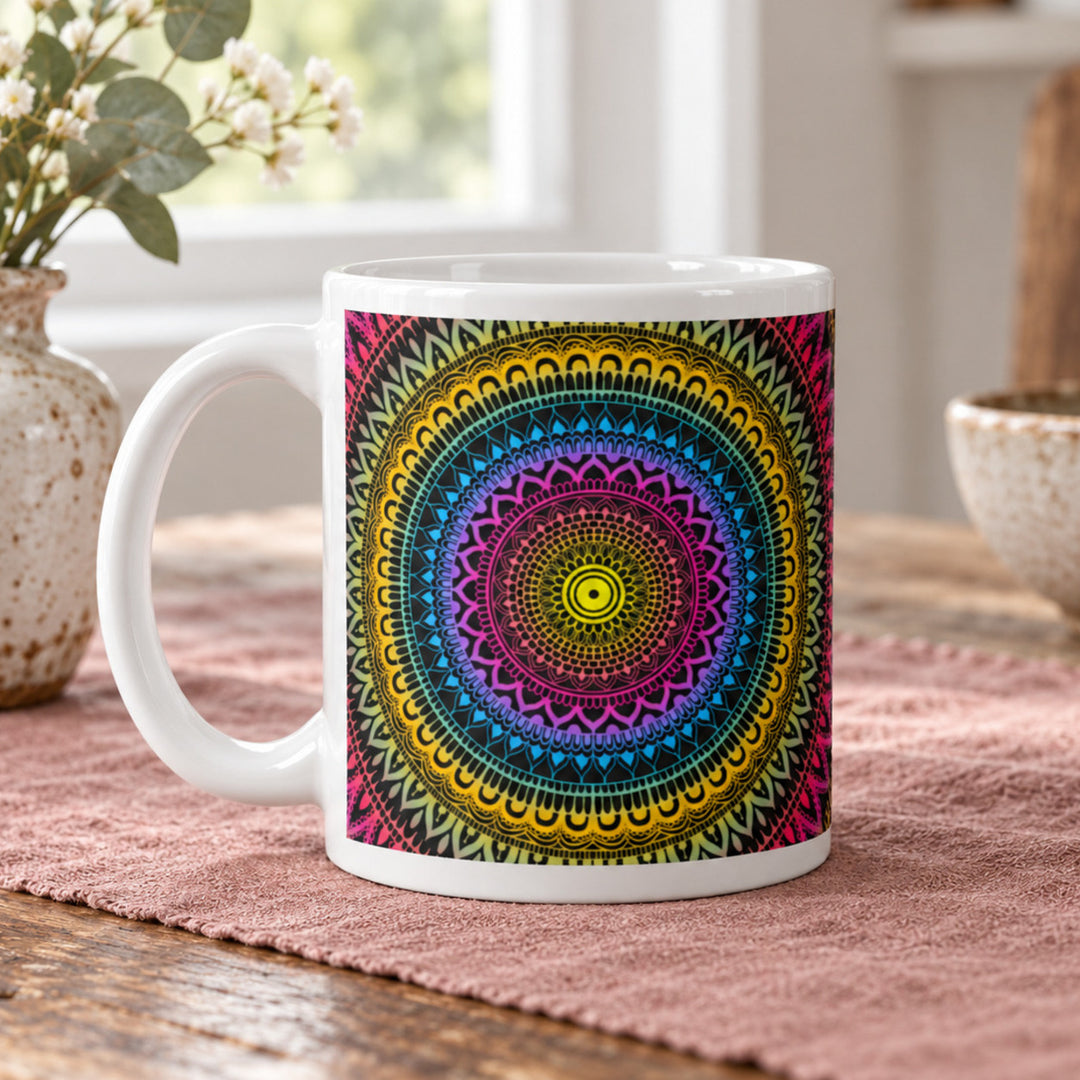 Yellow pink and blue mehndi mandala mug close-up on a rustic wooden table