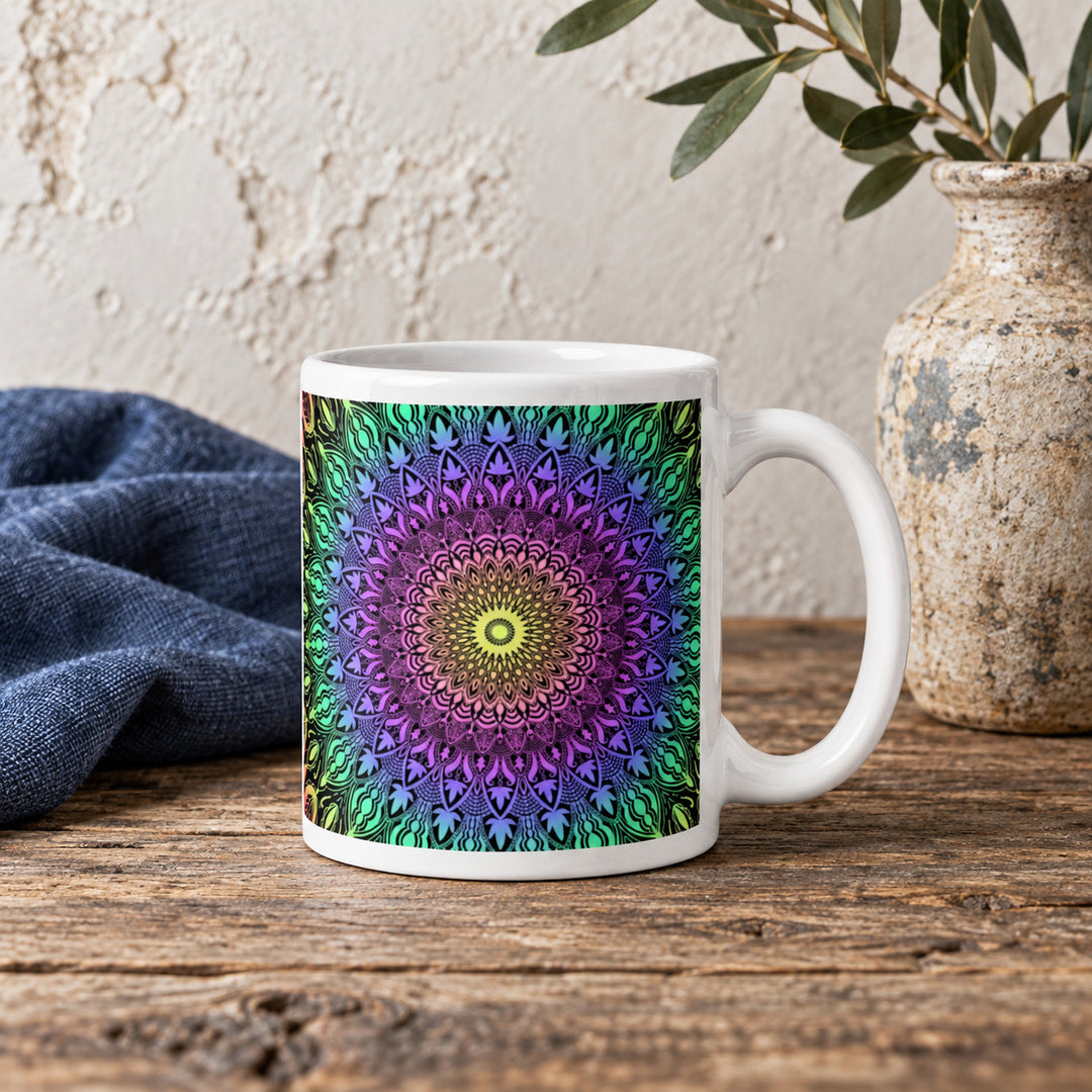 Colorful mug with bright boho mandala 11 oz in a rustic brocante setting