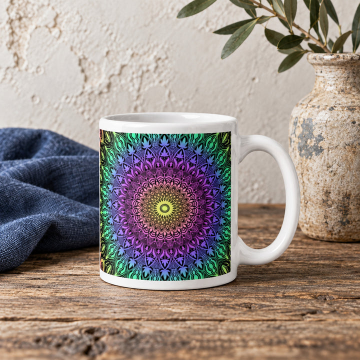 Colorful mug with bright boho mandala 11 oz in a rustic brocante setting