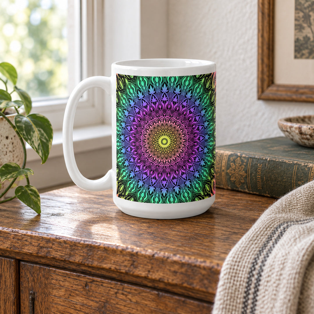 Colorful mug with bright boho mandala 15 oz in a rustic brocante setting