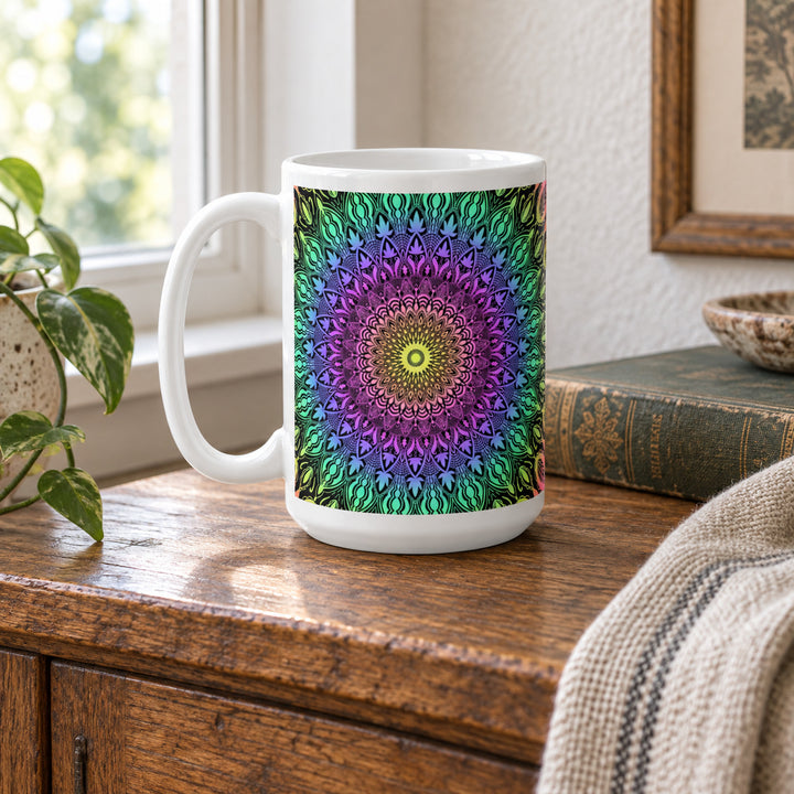 Colorful mug with bright boho mandala 15 oz in a rustic brocante setting