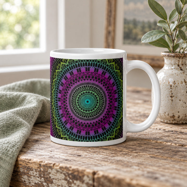 Pink mug with green mehndi mandala 11 oz in a rustic brocante setting