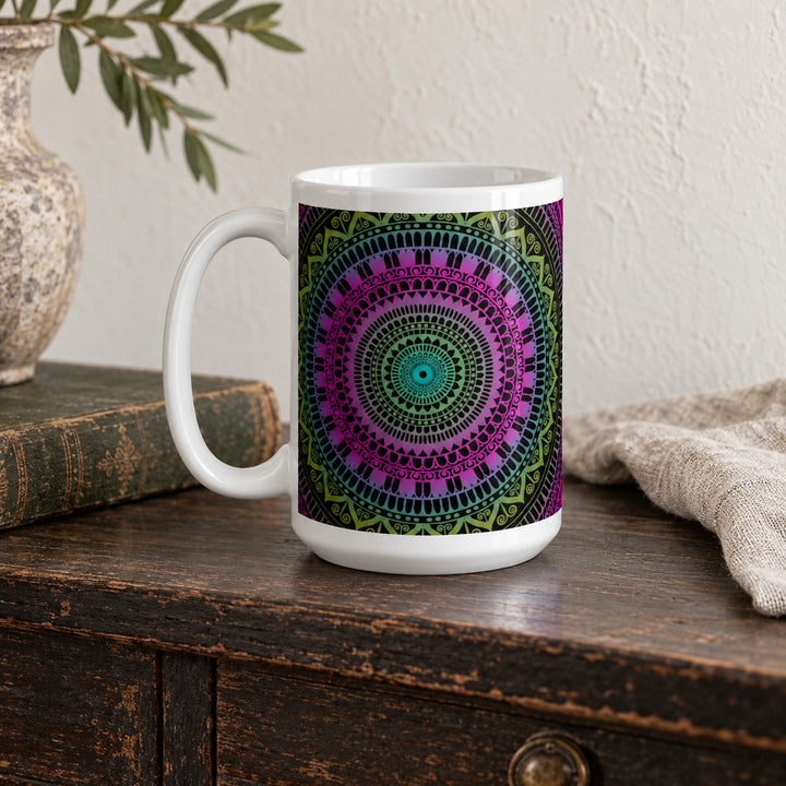 Pink mug with green mehndi mandala 15 oz in a rustic brocante setting