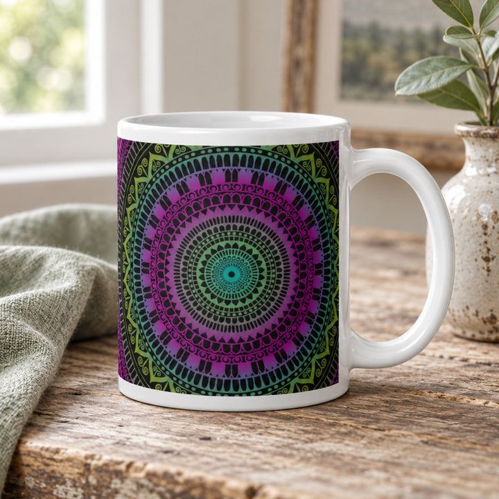 Pink mug with green mehndi mandala close-up on a rustic wooden table