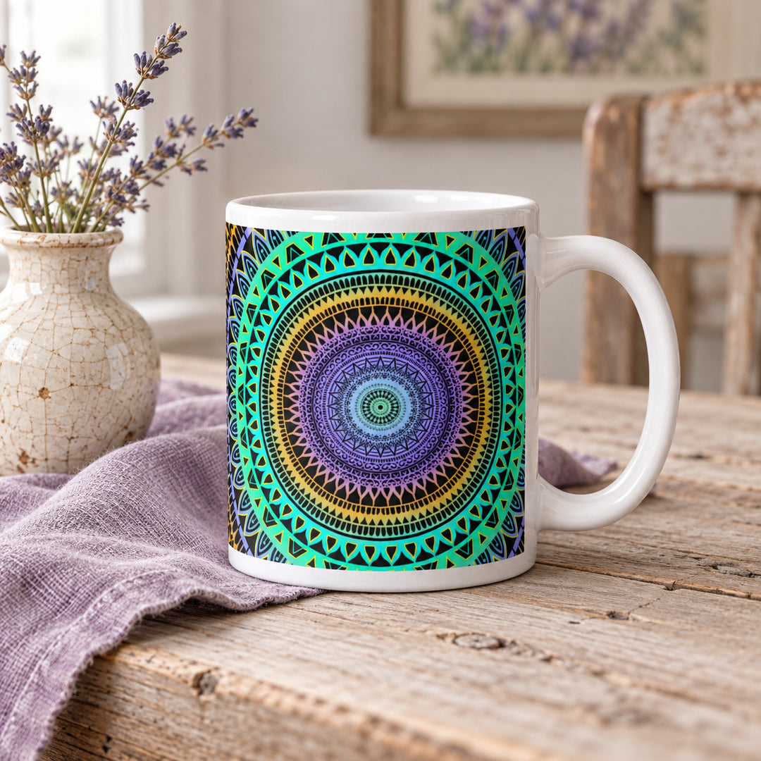 Mint green mug with purple and yellow mandala 11 oz in a rustic brocante setting