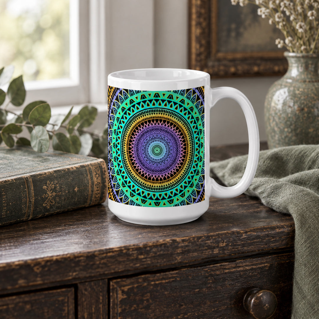 Mint green mug with purple and yellow mandala 15 oz in a rustic brocante setting