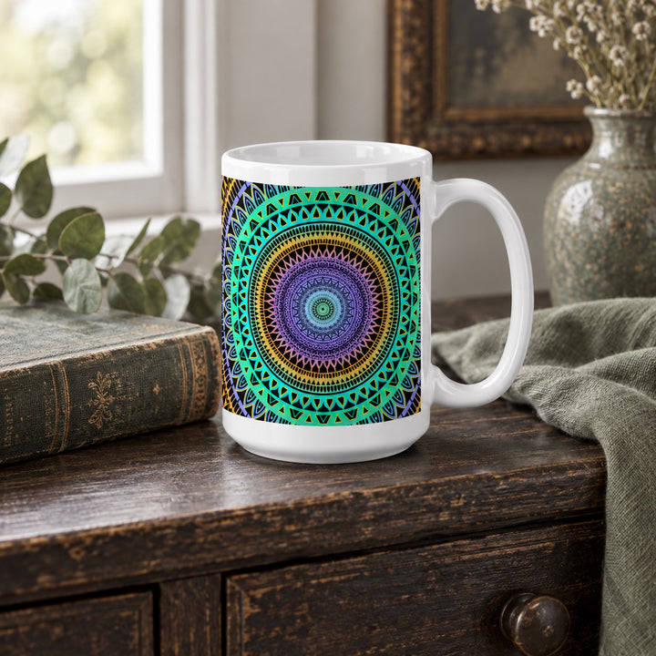 Mint green mug with purple and yellow mandala 15 oz in a rustic brocante setting