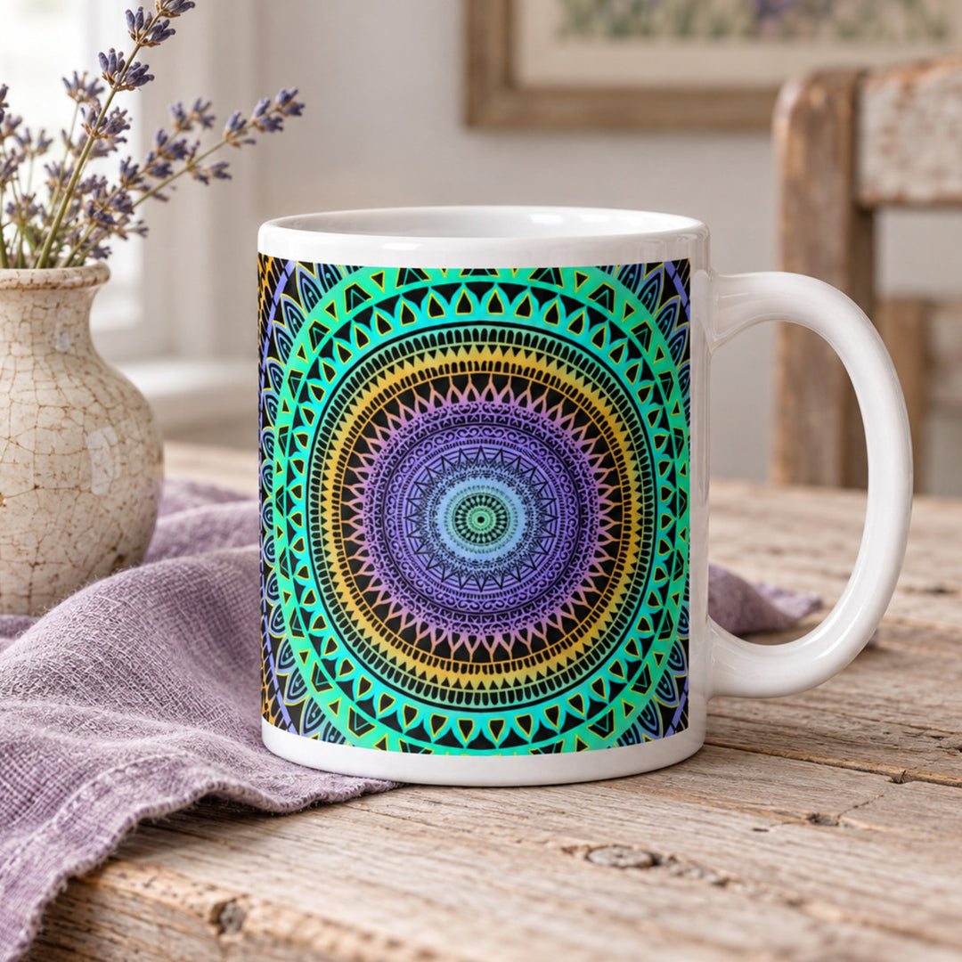 Mint green mug with purple and yellow mandala close-up on a rustic wooden table