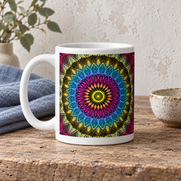 Colorful mug with pink blue and yellow mandala 11 oz in a rustic brocante setting