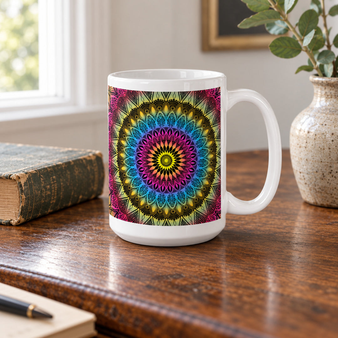 Colorful mug with pink blue and yellow mandala 15 oz in a rustic brocante setting
