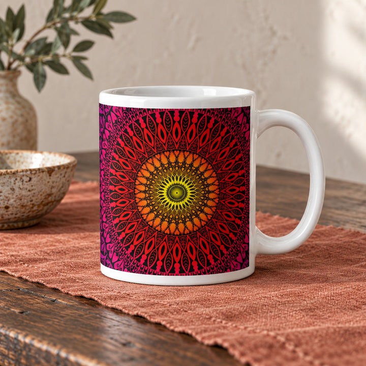 Sunset mug with warm mandala design 11 oz in a rustic brocante setting