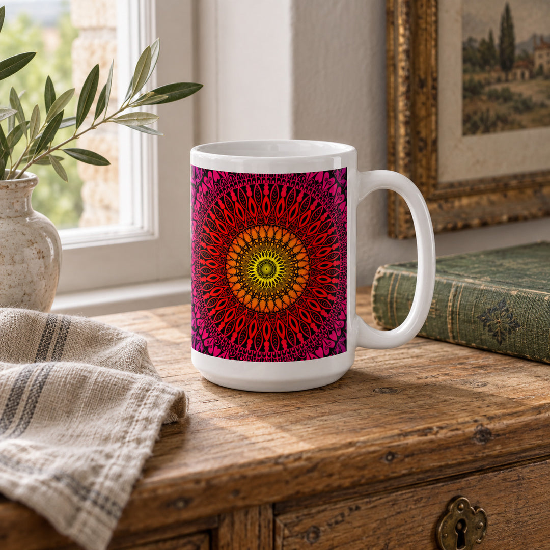 Sunset mug with warm mandala design 15 oz in a rustic brocante setting