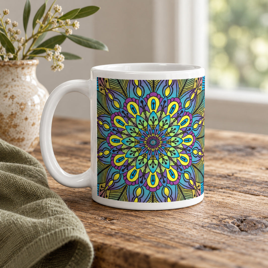Floral mug with green yellow and purple mandala 11 oz in a rustic brocante setting