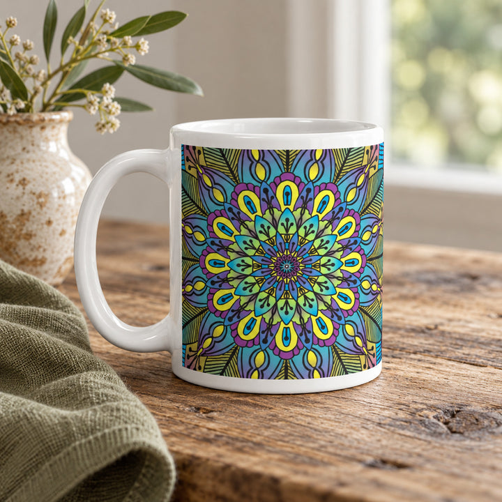 Floral mug with green yellow and purple mandala 11 oz in a rustic brocante setting