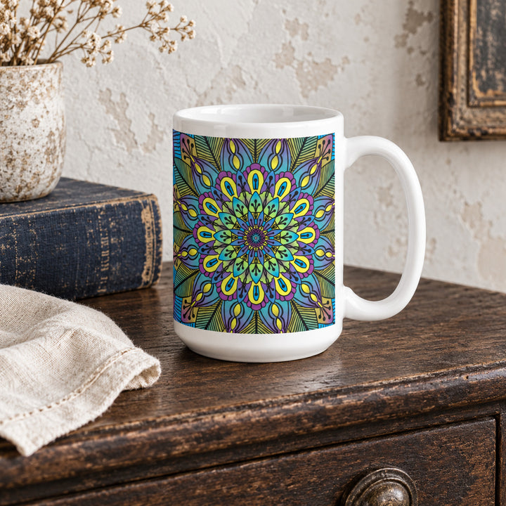 Floral mug with green yellow and purple mandala 15 oz in a rustic brocante setting