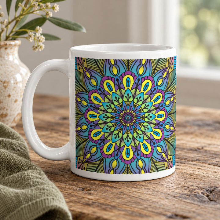 Floral mug with green yellow and purple mandala close-up on a rustic wooden table