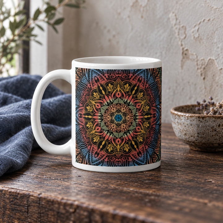 11 oz psychedelic mandala mug styled on a rustic vintage wooden table