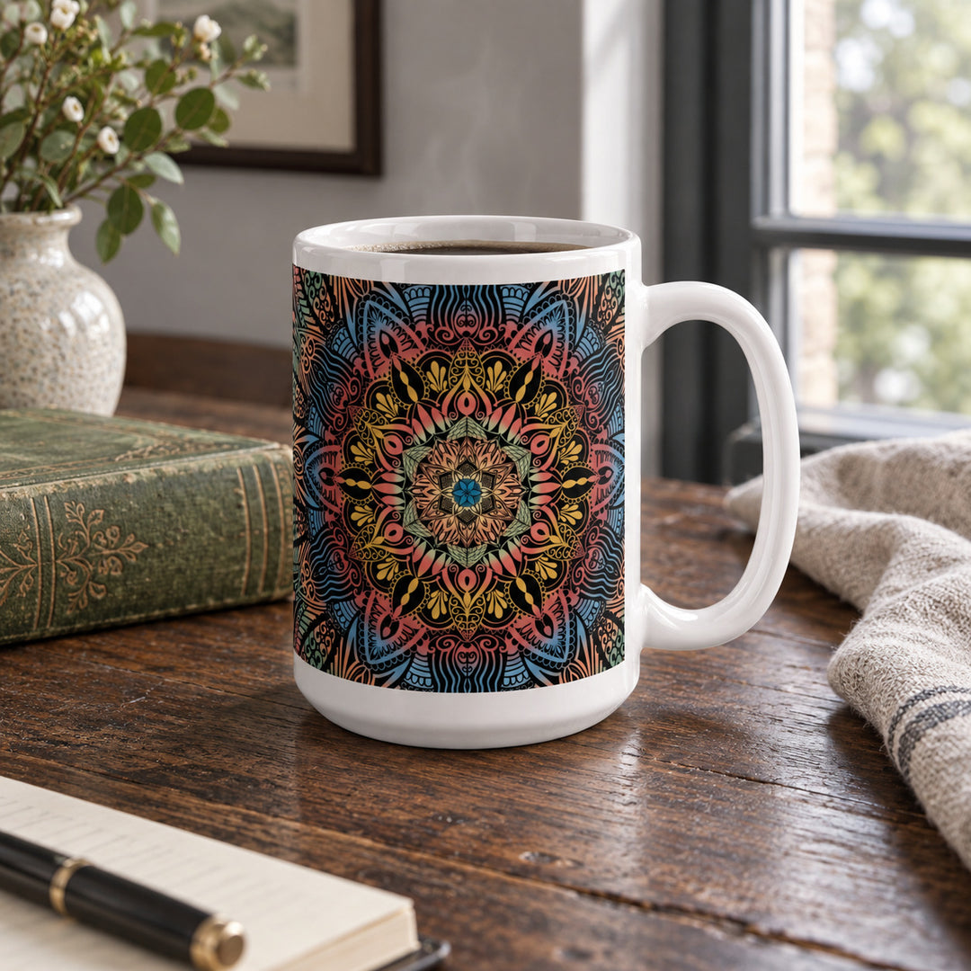 15 oz psychedelic mandala mug in a calm rustic boho interior