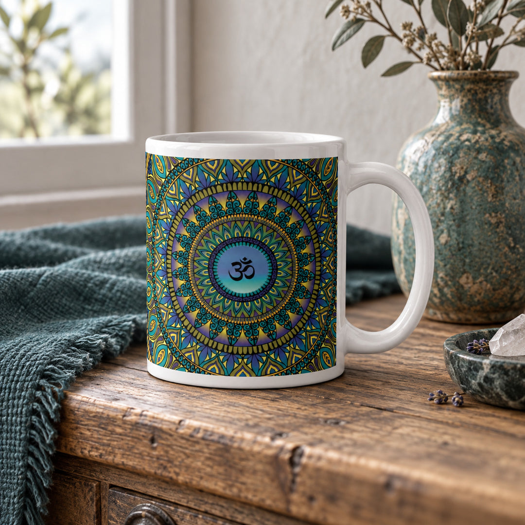 11 oz Om mandala mug styled on a rustic vintage wooden table