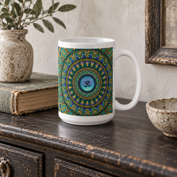 15 oz Om mandala mug in a calm rustic boho interior