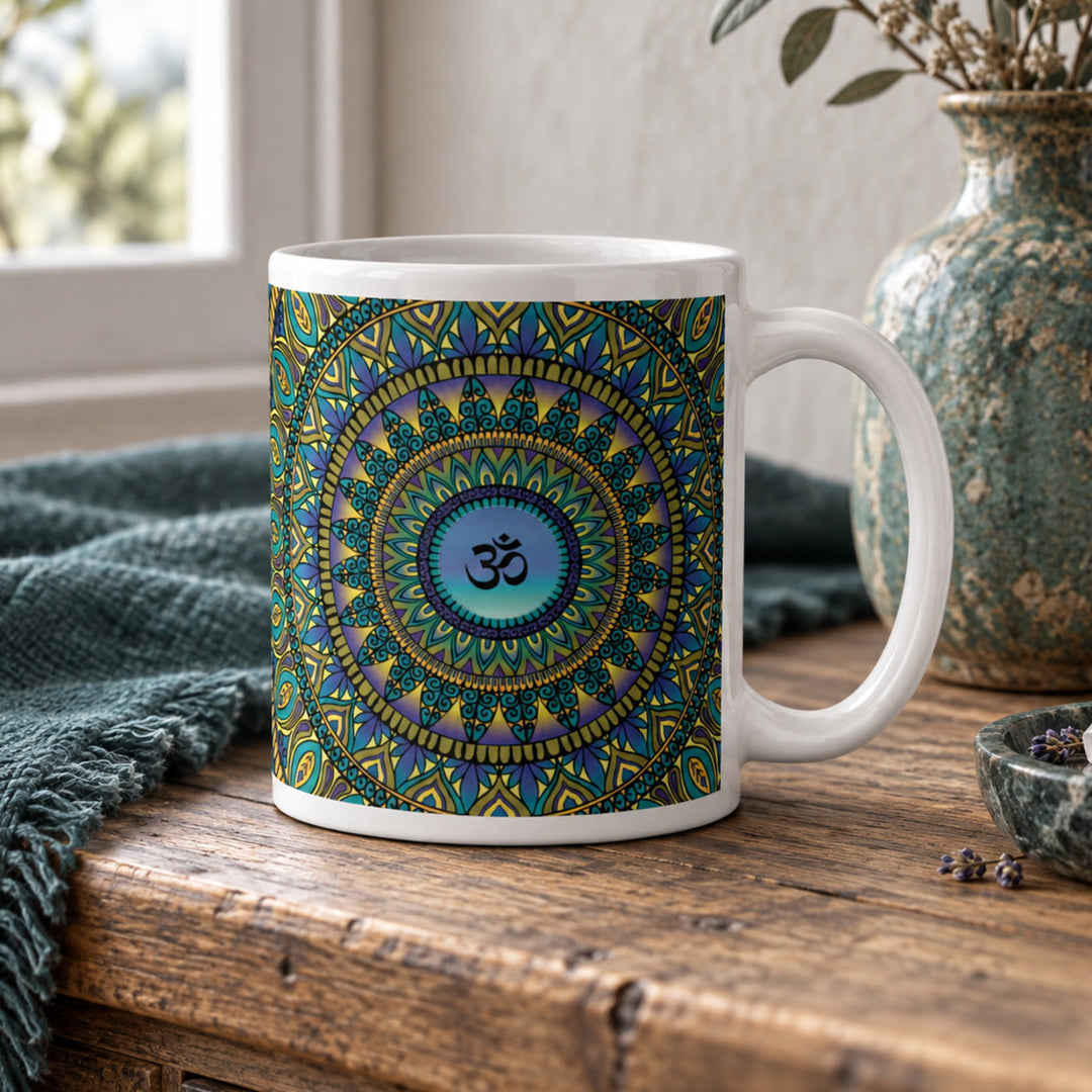 Close-up of petrol purple and gold Om mandala mug in a rustic boho setting