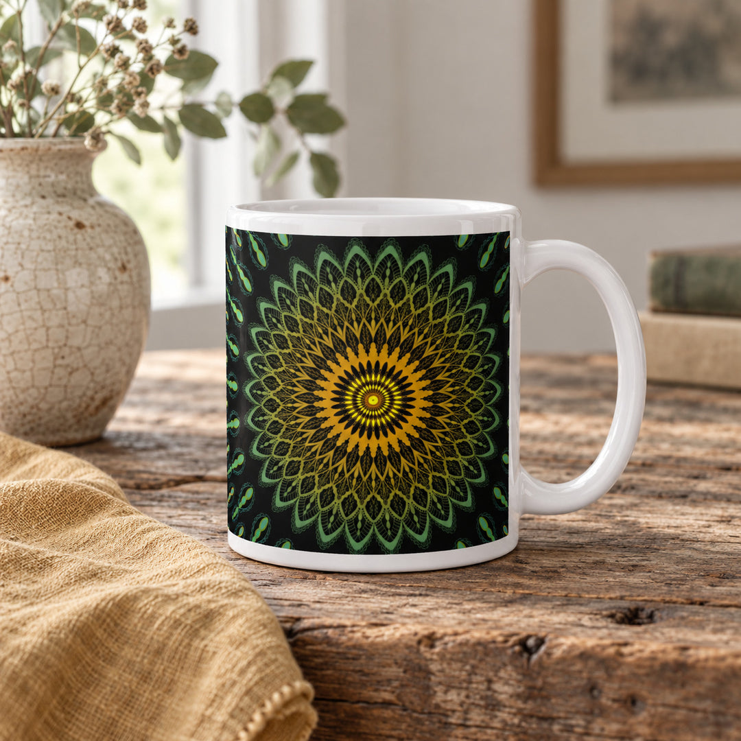 11 oz green and yellow mandala mug styled on a rustic wooden table