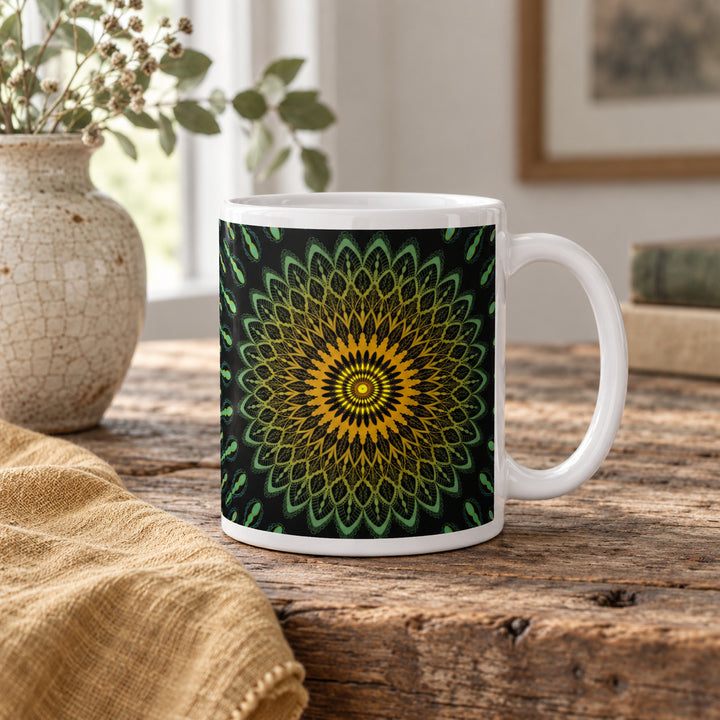 11 oz green and yellow mandala mug styled on a rustic wooden table