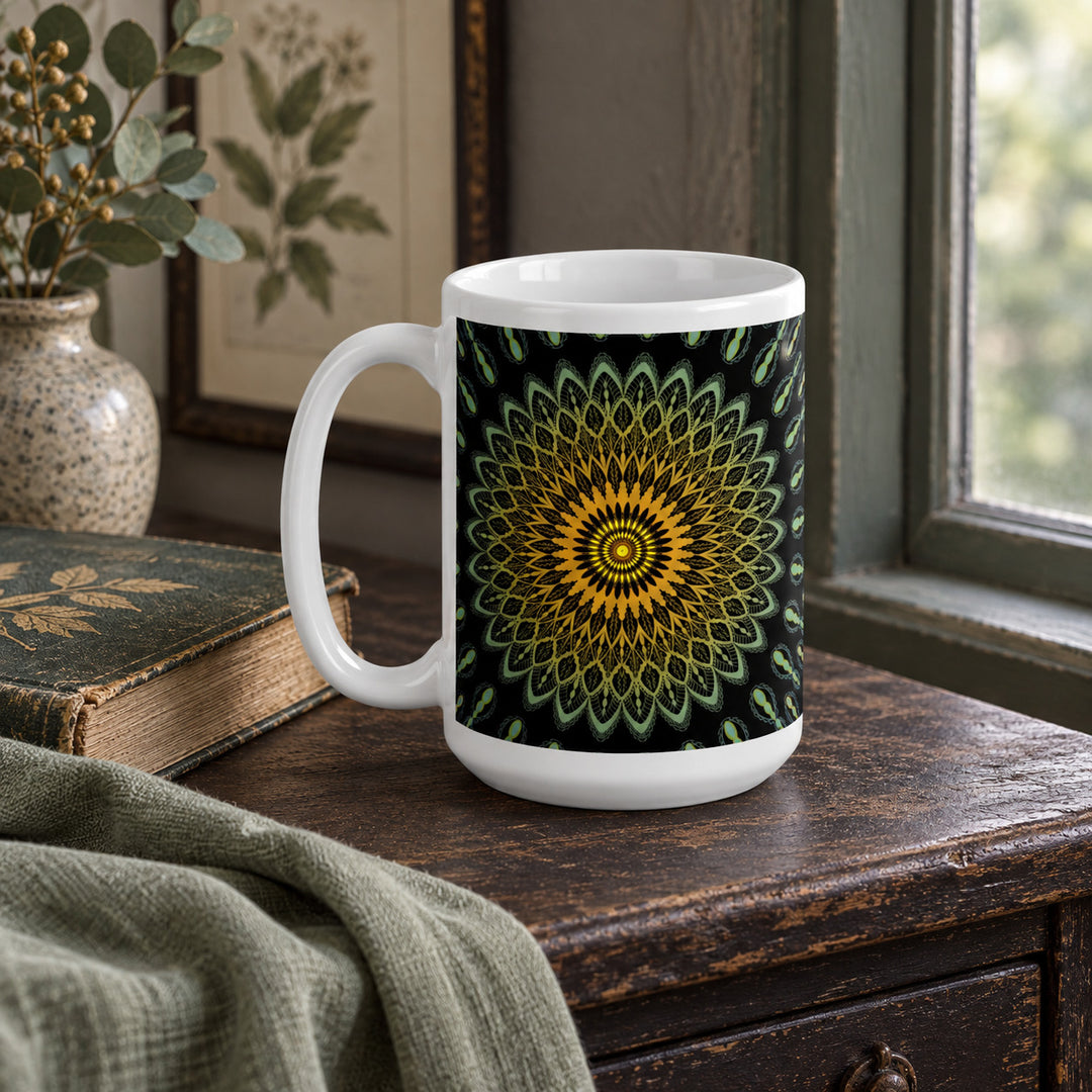15 oz green and yellow mandala mug in a vintage boho interior