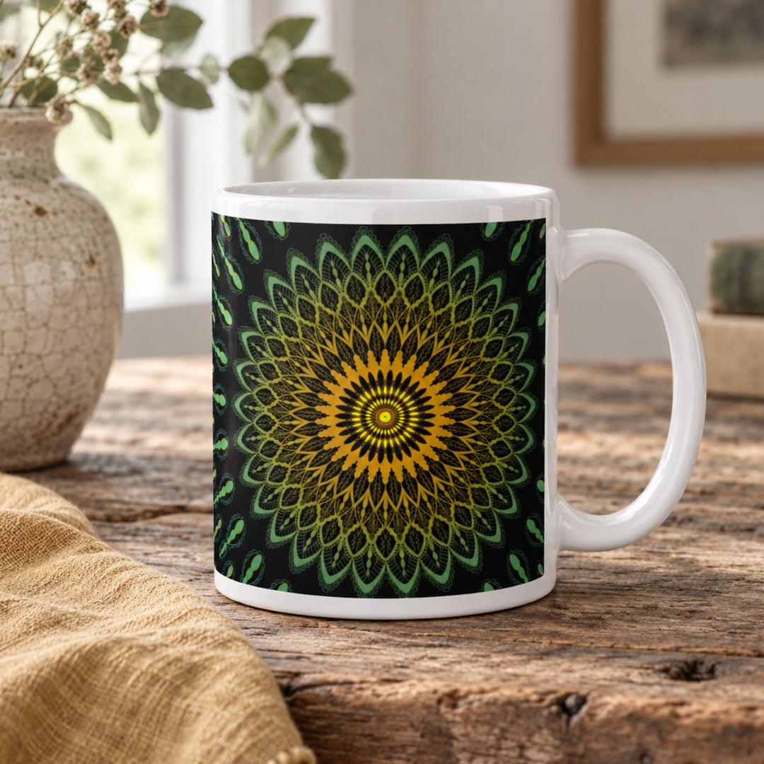 Close-up of green and yellow mandala mug in a rustic boho setting