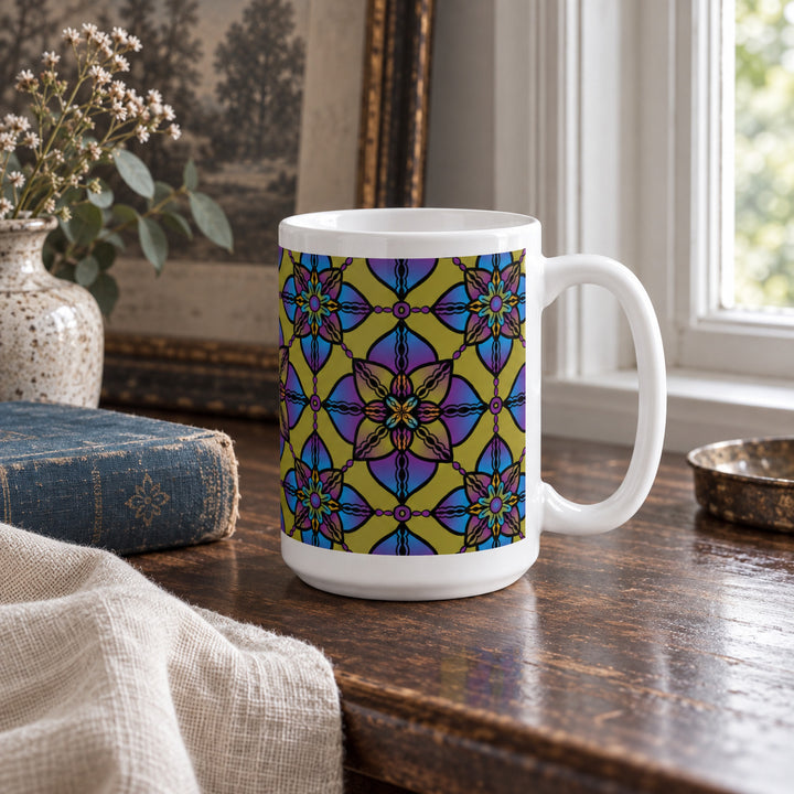 15 oz colorful mandala mug in a calm vintage boho interior