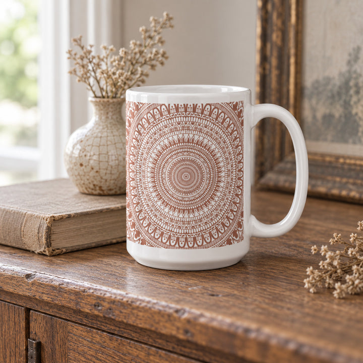 15 oz terracotta mandala mug in a vintage boho interior