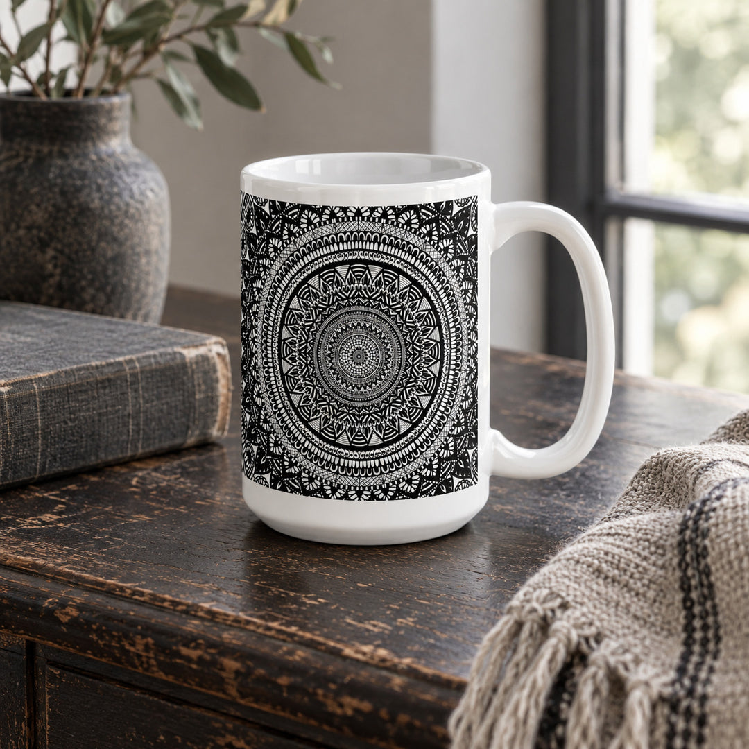 15 oz black and white mandala mug in a calm vintage boho interior