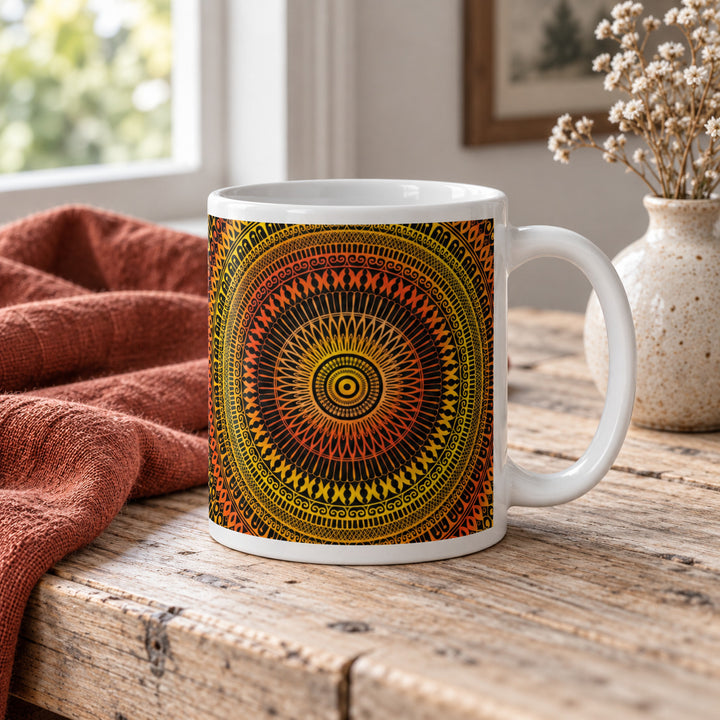 11 oz orange and yellow mandala mug styled on a rustic wooden table